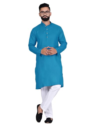 Image of Pinkmint Kurta for Men Cotton Mandarin Collar Long Sleeve Soild Traditional Kurta Festival Kurta