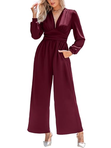 CUPSHE Damen Jumpsuit Tiefer V-Ausschnitt Overall Lange Puffärmel Weites Bein Playsuit Elegant Lässig Büro Hosenanzug Schwarz L