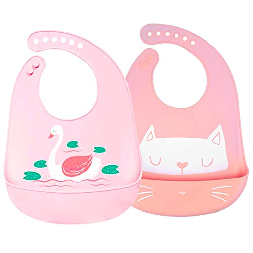 SLOSH Baberos Bebé Impermeables Silicona Flexible Suave de 6 Meses a 6 Años Grande Ajustable para Niña Waterproof Rosa
