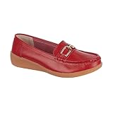 Jo & Joe Women’s Leather Comfort Loafers with Gold Buckle – Cushioned Wedge Slip-On Smart Casual Shoes Sizes 4-8 (Dark Red, UK Footwear Size System, Adult, Women, Numeric, Medium, 7)