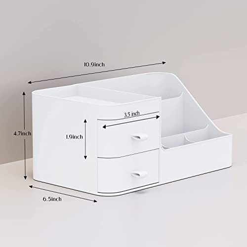 Makeup Organizer with Drawers, Cosmetics Organizer Desk Storage for Bathroom Countertop, Dressing Table, Vanity Counter Vanity Holder for Brushes, Lotions, Lipstick, Nail Polish and Jewelry (White)