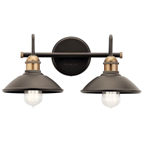 Image of Kichler Clyde 2-Light Bathroom Vanity Light Fixture with Vintage Industrial Design in Olde Bronze, Wall Mount Over Mirror Lighting for Bathroom (7.25 inch x 17 inch x 8.25 inch), 45944OZ