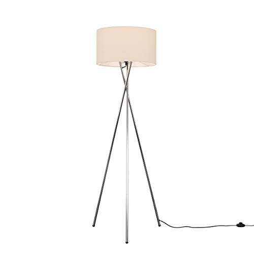 MiniSun | Modern Polished Chrome Metal Tripod Floor Lamp with a Beige Shade | Floor Lamps, Home Décor & Improvement Essential | Includes 1x 6W LED E27 Light Bulb with 3000K Colour Temperature
