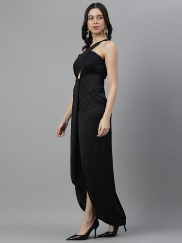 Image of Women's Elegant Draped Halter Neck Gown - Stylish Front Knot Cut-Out Evening Dress with High Slit - Outfit for Parties, Weddings & Special Occasions