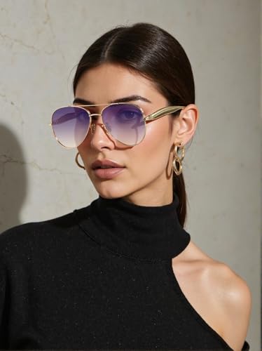 Image of Oversized Aviator Sunglasses For Women 70s Retro 2025 Metal Shades with Gold Streamline Arms