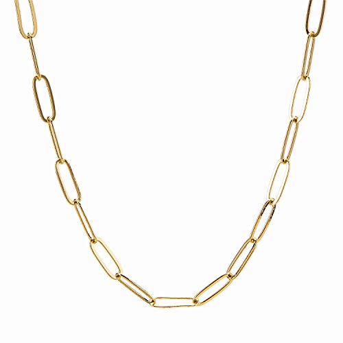 14K Real Gold Plated Paper Clip Link Chain Choker Necklace for Women Girls, 5mm Wide Oval Rectangle Link Chain, Waterproof Never Tarnish (16)