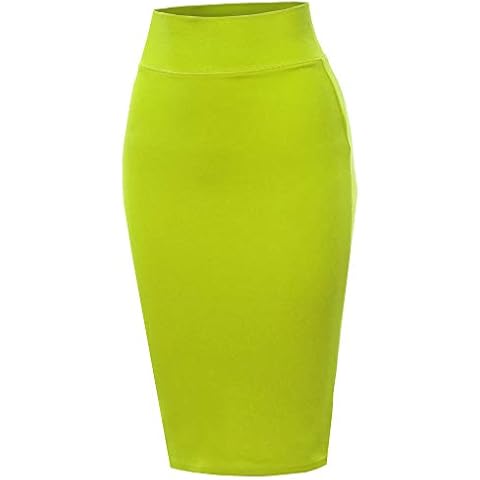 A2Y Solid Ponte Knee Length Slit Techno Span High Waist Pencil Skirt Neon Green L Cover