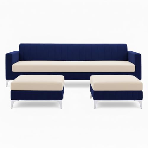 Image of Amelia 5 Seater L Shape Sofa Set with 2 Movable Ottomans | Flexible Layout | Rich Velvet Suede Fabric | Silver Legs | Spacious Soft Seating | Modern Sofa for Living Room (Dark Blue-Cream)