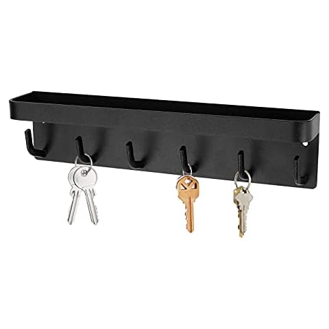 Key Holder, 6 Hooks Wall Mount Key Rack, Adhesive Mail Organizer with Key Hooks, Decorative Wall Shelf for Entryway, Hallway, Home (Black) Cover