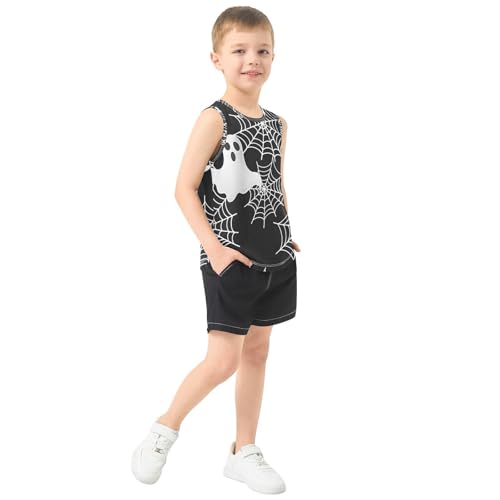 Bolaz Boys Athletic Quick Dry Tank Top Sleeveless Workout T Shirts Age 11-15,White Ghost Spider Web Pattern4