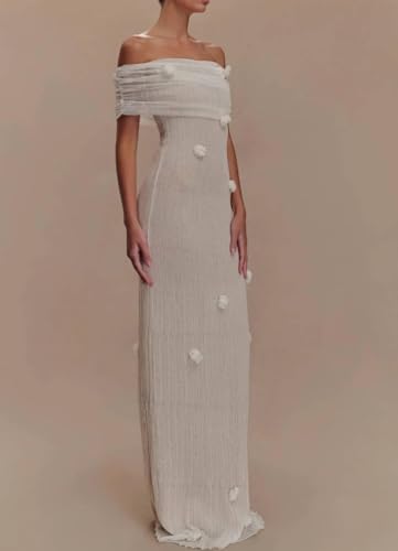 Women Sexy Off Shoulder Crochet Maxi Dress Elegant Long Sleeve Ruched Bodycon Knit Mesh Sheer Beach Vacation Party Dress3