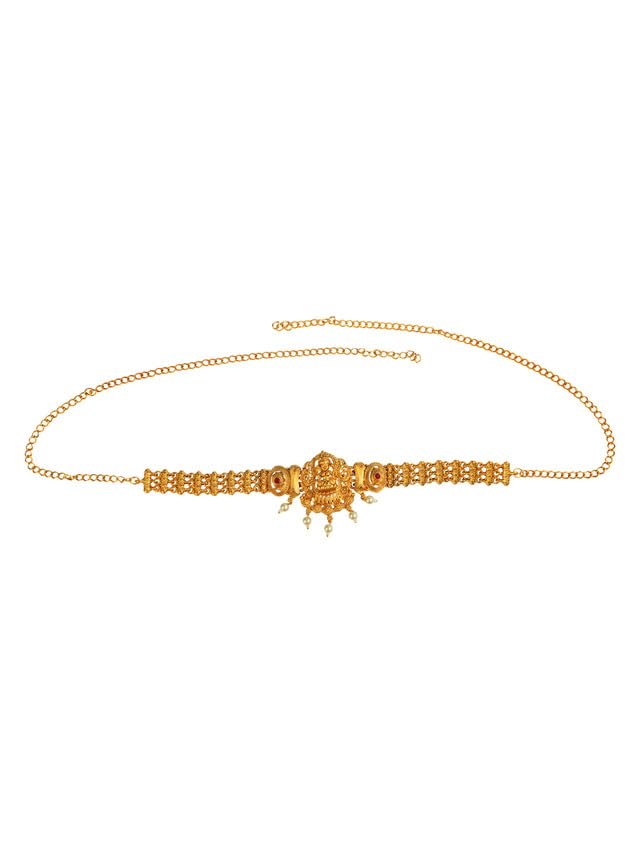 Traditional Filigree Gold plated Temple Jewelry Laxmi Waist Belt Kamarbandh For Women The Gold-Plated Pearl Kamarbandh Waist Chain | Belly Chain Saree Waist Belt | Karddhani Vaddanam | Bikni Kamarbandh Body | Kamarchain | Kamarband For Women & Girls-image-32