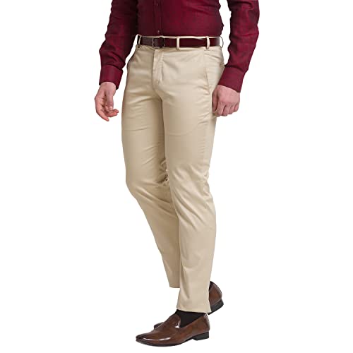 Image of Park Avenue Men's Pure Cotton Solid Pattern Super Slim Fit Flat Front Formal Chinos