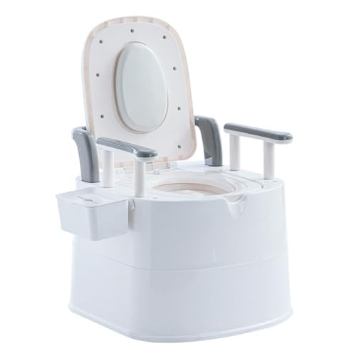 WC Toilette Portatile con Box Portaoggetti e Poggia Schiena poggiamano, per Anziani, Donna incinta e Persone con Mobilità Ridotta Uso Domestico (Bianco/Grigio)