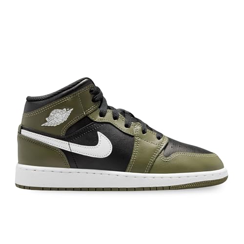 Image of Air Jordan 1 Mid Big Kids' Shoes (DQ8423-092, Black /Medium Olive /White) Size 3.5