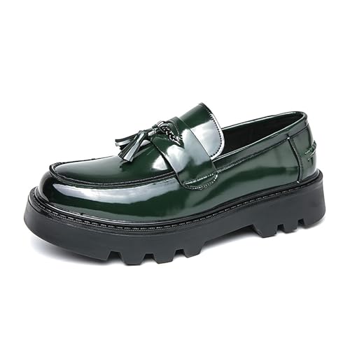 Men's Tassel Lug Sole Slip-on Platform Loafers,Fashion Patent Leather Round Toe Low Top Non-Slip Business Dress Shoes for Party Dating Prom