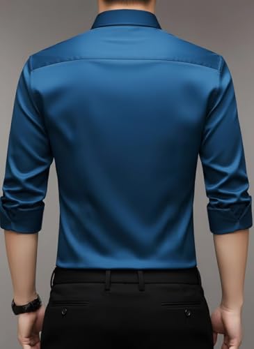 Image of IndoPrimo Men's Regular Fit Satin Designer Shirt with Stylish Vertical Line Sequence | Long Sleeve Formal & Casual Button Down Shirt for Casual and Party Look