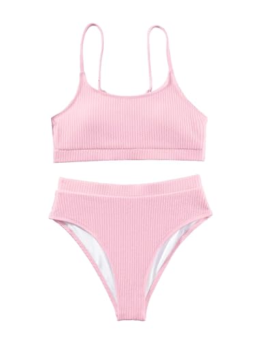 Image of Lilosy High Waisted Tummy Control Ribbed Bikini Crop Top Brazilian Swimsuit Set 2 Piece