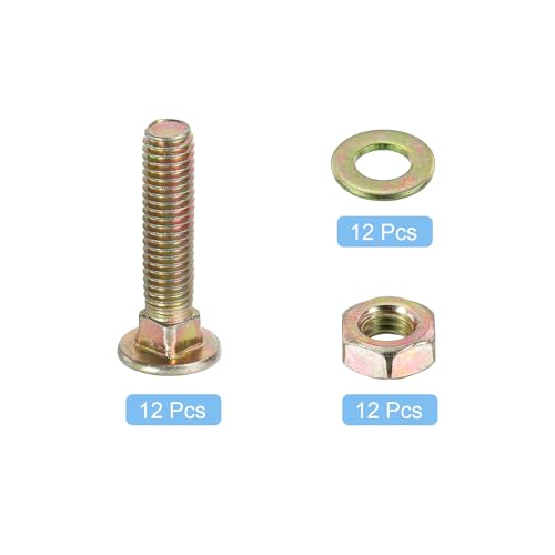 Image of uxcell M8 x 30mm Carriage Bolt Kit, 12 Set Round Head Square Neck Screws, Carriage Bolts Screws Set Includes Washers and Nuts - Carbon Steel Zinc Plated for Fastening Accessories