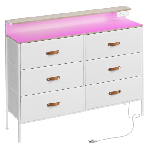 Image of SANGMUCEN 47.2" W White Dresser for Bedroom with Charging Station and LED Lights, 6 Drawers Dresser with PU Finish, Wide Fabric Dressers for Closet, Bedroom, Hallway Entryway, Wood