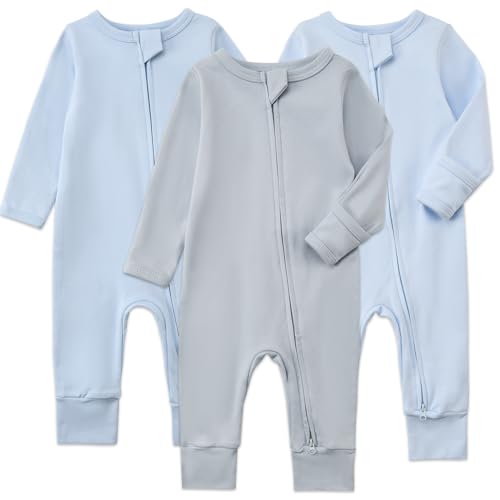 Aablexema 3-Pack Organic Cotton Baby Footless Pajamas with Mitten Cuffs, 2-Way Zipper Infant Romper Outfit(Blue Set,18-24m)
