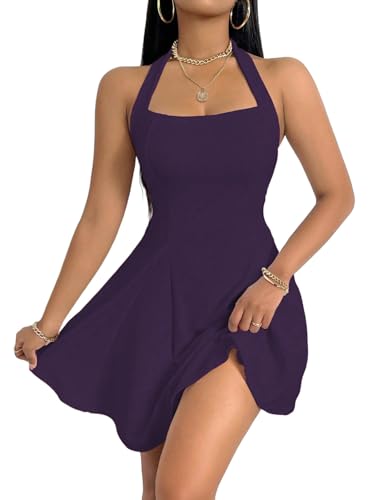 PerZeal Women's 2025 Summer Dress Sleeveless Halter Neck Sundress Backless Flared Short Mini Beach Dress