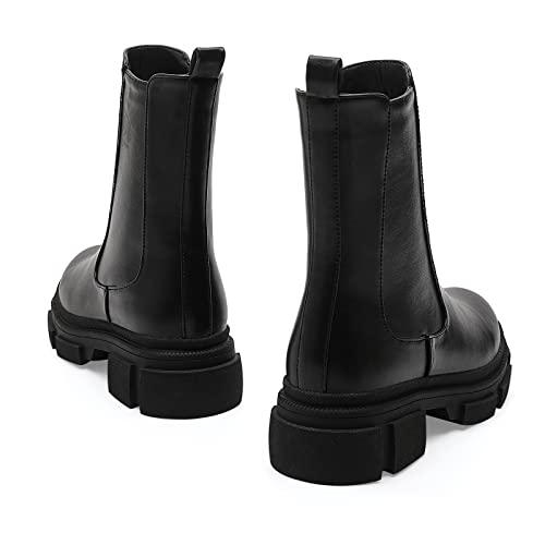 Zaynsia Wide Mid Calf Chelsea Boots For Women Leather Lug Sole Platform Combat Booties Chunky Heel Flat Non-Slip Boots #TOP3