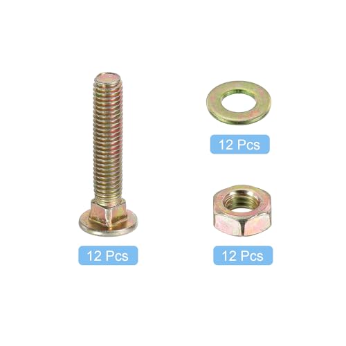Image of uxcell M8 x 35mm Carriage Bolt Kit, 12 Set Round Head Square Neck Screws, Carriage Bolts Screws Set Includes Washers and Nuts - Carbon Steel Zinc Plated for Fastening Accessories