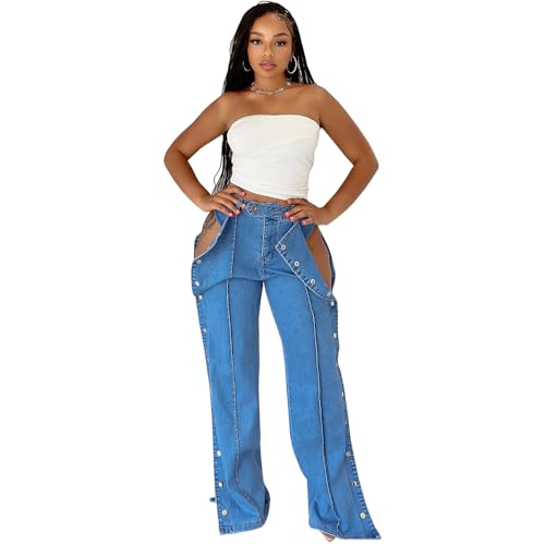 Women's Casual Jeans Y2k Straight Pants High Waisted Double Side Button Closure Stretch Pants Trendy Clothing