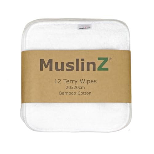 MuslinZ 12PK Toallitas de bambú algodón Terry Toallitas 20x20 cms Face Cloth Toallas Reutilizables para bebés (Blanco)