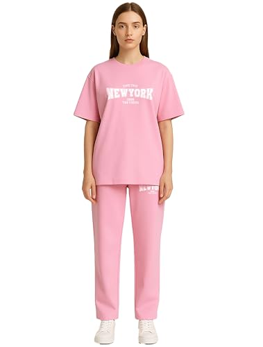 Image of My Swag Women's New York Graphic Loungewear Set, Cotton Short Sleeve T-Shirt and Pants