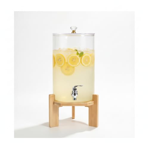 Yunmeryker Dispensador Bebidas con Grifo y Soporte Bambú para Agua, Estilo nórdico, con grifo de acero inoxidable y tapa transparente, capacidad de 4.5 litros, apto para bebidas frías y calientes
