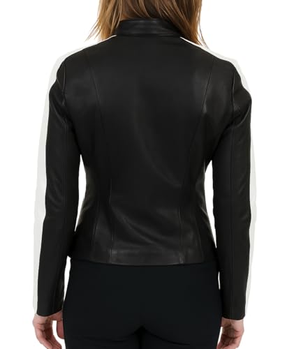 Women's Café Racer White Sleeve Stripe Motorcycle Slim Biker Black Leather Jacket4