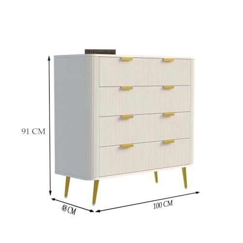 Image of Wooden Chest of Drawers | 5 Drawers Dresser Console Cabinet for Bedroom, Living Room, Drawing Room and Office | Storage Sideboard|HDMR Premium Wood & Iron(Warm White)