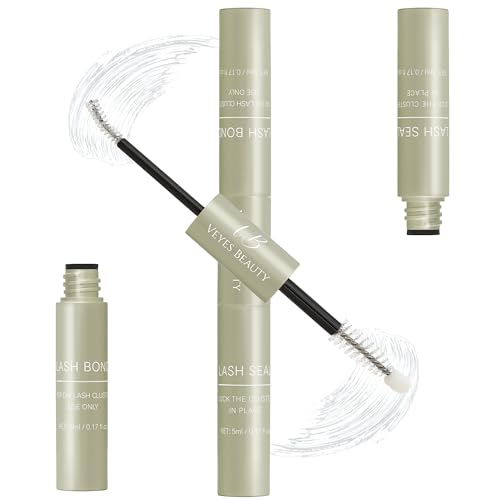 VEYESBEAUTY Lash Bond and Seal Waterproof 2 in 1 Cluster Lash Glue for Eyelash Extensions Long Lasting Strong Hold Individual Eyelash Glue for Self-Application at Home 5ml+5ml(White Bond)
