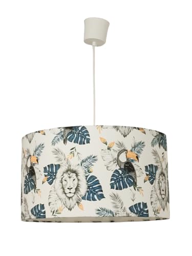Générique Lustre suspension abat-jour motifs animaux de la jungle lion et toucan et feuilles exotiques déco tropicale idée cadeau anniversaire noël...