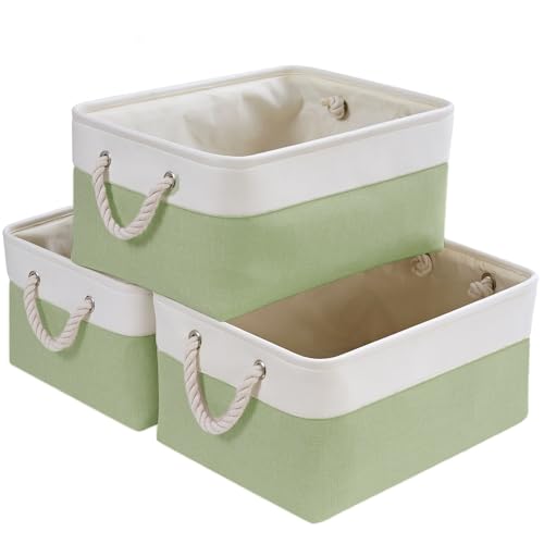 SOCOHOME Aufbewahrungsbox Stoff,Waschbare Aufbewahrungskorb, Korbe in Würfel für Schrank Regal und Kleidung(Grün/Weiß, M, 3 Set)