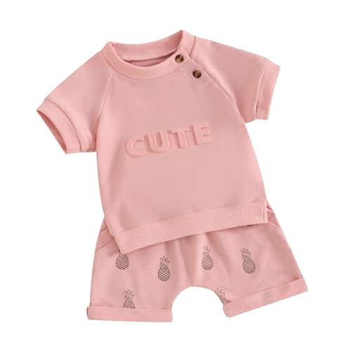 Toddler Baby Girl Boy Summer Clothes Short Sleeve Cute Tshirt Crewneck Top Pineapple Shorts Outfit Set 0-3T (Pink, 12-18 Months)