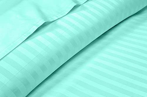 Image of YKC Glace Cotton Satin Striped Plain Color King Size Bedsheet for Double Bed with Two Pillow Covers (Aqua - 90 x 100 Inch)
