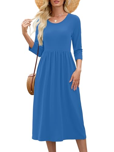 Image of Heymoments Women's Casual 3 /4 Sleeve Midi Dress Crewneck A Line Tiered Flowy Loose Travel Long Dresses with Pockets