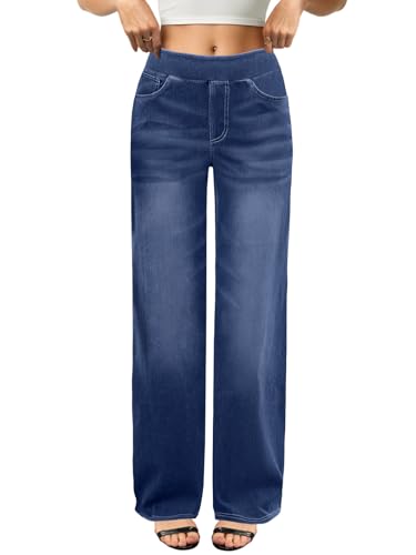 COPYLEAF Wide Leg Jeans Woman High Waisted Stretchy Baggy Sweatpant Jeans Pull On Straight Leg Loose Trendy Denim Pants(Medium Blue L)