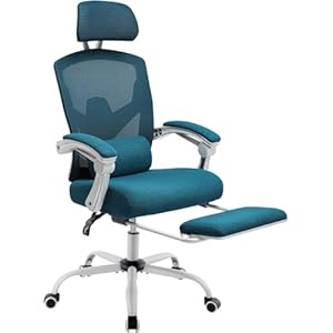 DUMOS Home Office Desk Chair with Footrest, High-Back Mesh Rolling Swivel Reclining Chairs with Wheels, Comfortable Headrest, Lumbar Support, Comfy Arms for Home, Office, Gaming, Student, Blue