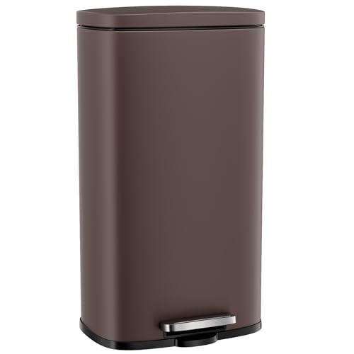 Arlopu 8 Gallon Step Trash Can, Stainless Steel Garbage Bin, Soft-Close Rubbish Bin with Removable Plastic Inner Bucket, Fingerprint-Proof, Lid Dustbin, Suit for Kitchen Home (Brown, 30L)