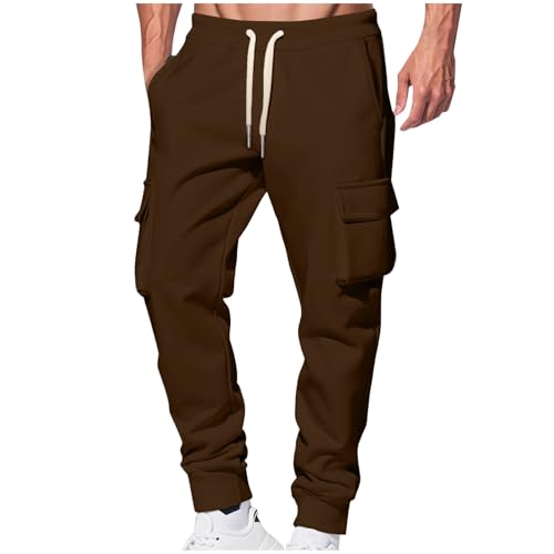 Hombres Pantalones Chino Cargo de Correr Algodón Casual Sudaderas de Combate Pantalones de Ocio Cintura elástica con Bolsillos de Cordón de Ajuste, café, M