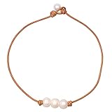 Women White 3 Cultured Freshwater Pearls Choker Necklace on Genuine Leather Cord Knotted Jewelry (16' Light Brown Leather)