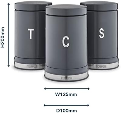 Tower T826171GRP Belle Set of 3 Canisters, Tea/Coffee/Sugar Storage, Graphite, Steel , Grey