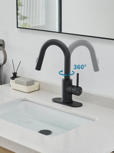 Black Bathroom Sink Faucet with Pull Out Sprayer for Sink 1 Hole,Bar Sink Faucet with Pop-Up Drain,Stainless Steel Single Handle Kitchen Faucet 360°Swivel Bathroom Faucets for Two Water Outlet Modes