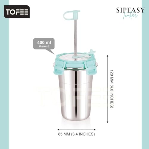 Image of TOFEE Stainless Steel Tumbler with Lid, Straw & Cleaning Brush (Each 400ml) Leakproof Travel Cup, Reusable & Durable, Sippy Cups for Home, Office & Outdoors (1, sea Green)