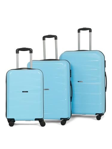 Image of Teakwood Small-Medium-Large Size 8 Wheels Trolley Bag, Hard Cabin with Zipper Closure, Adjustable Push Button & TSA Lock System 360 Degree (Set of 3, Sky Blue)