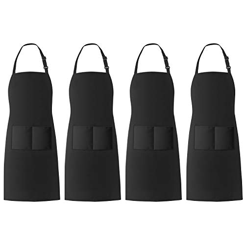 Xornis 4 Pack Bib Aprons with 2 Pockets Kitchen Apron Cooking Chef Black